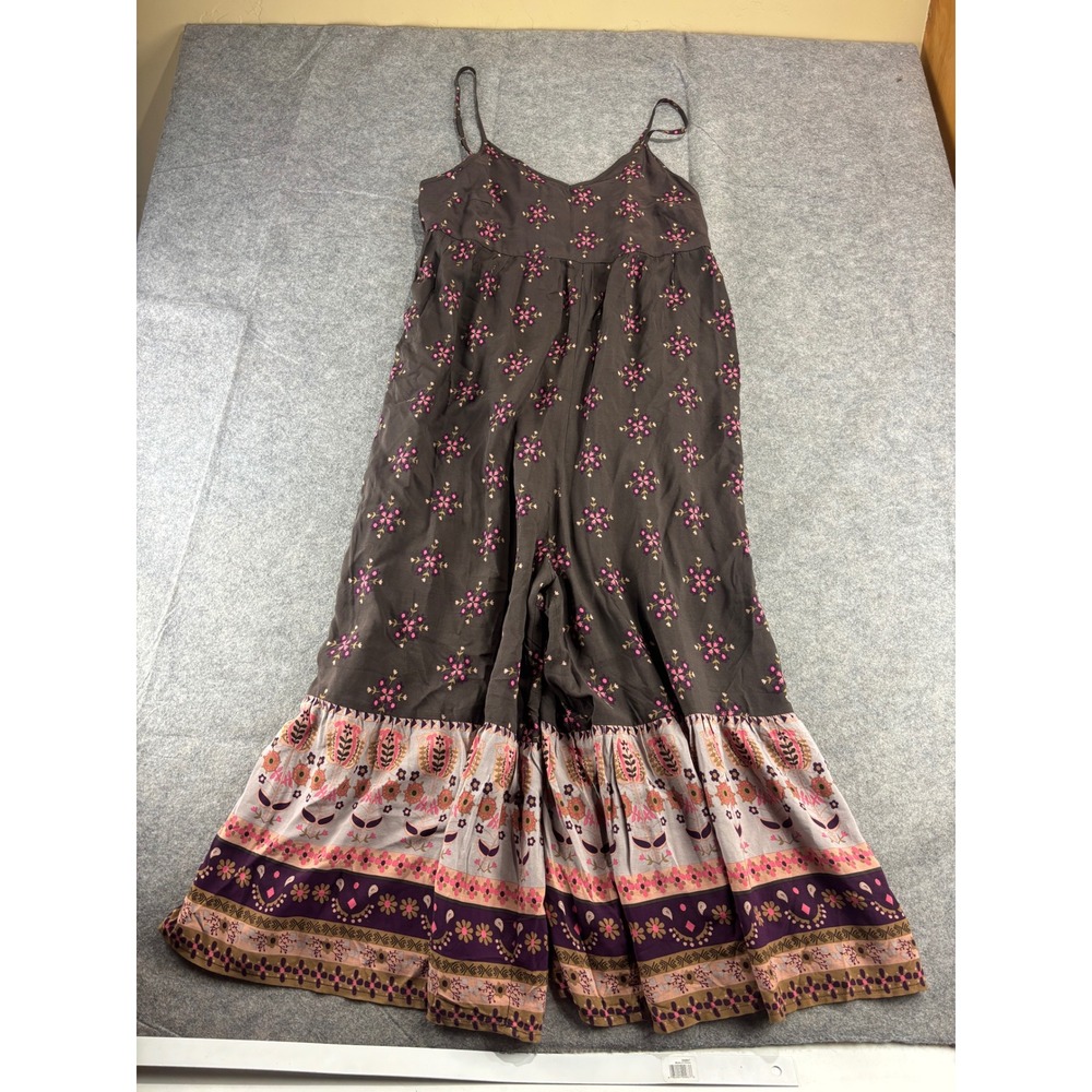 Natural Life Floral Wide Leg Jumpsuit Brown Pink Boho Tiered Ruffle Women L Boho